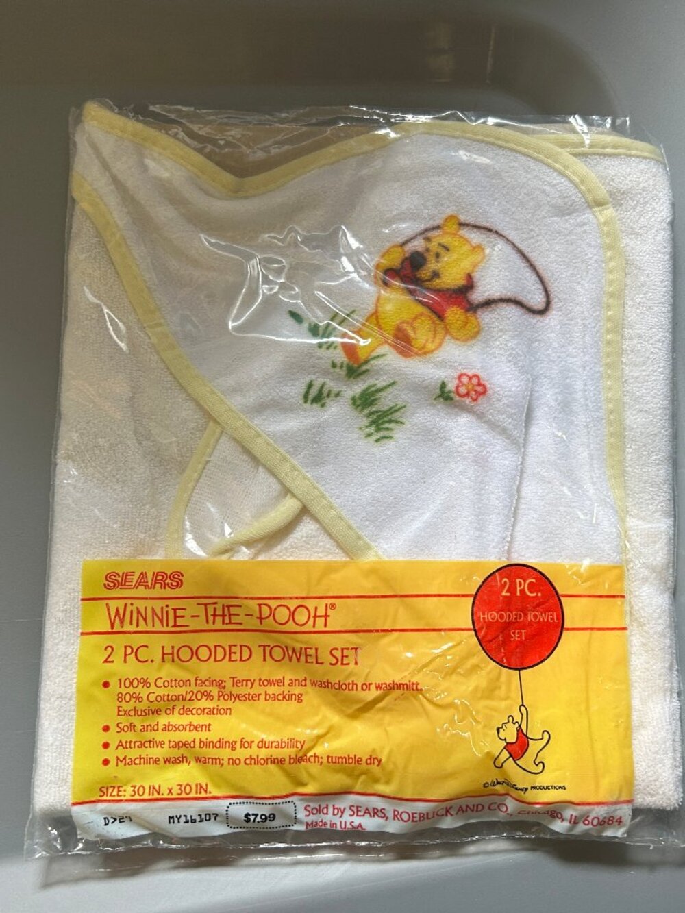 Vintage Sears Winnie the Pooh Hooded Baby Bath Towel & Washcloth - Yellow